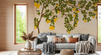Yellow lemon fruit and green foliage pattern on a wall mural.