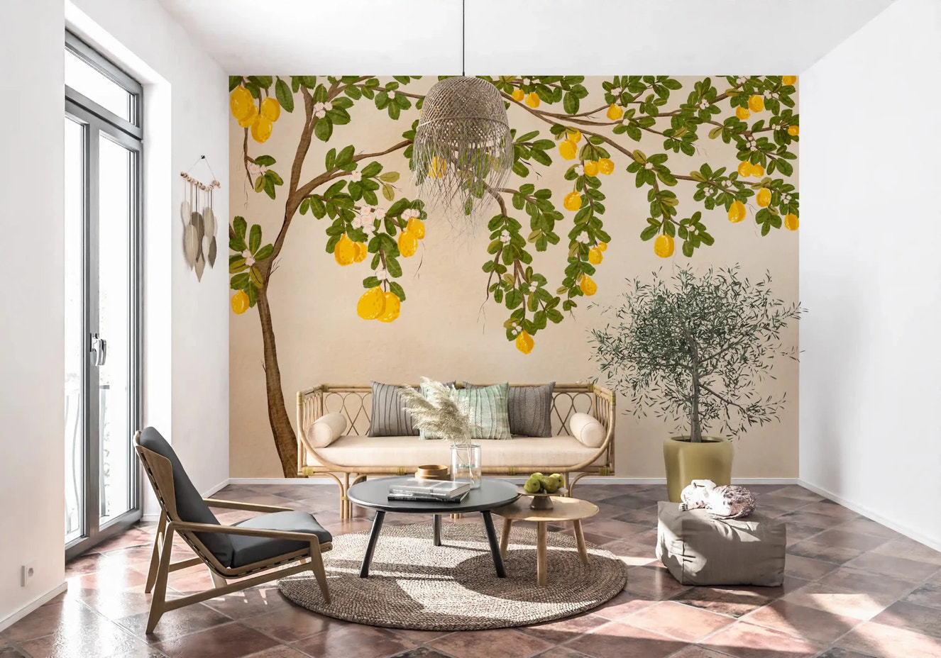 Lemon Grove Bloom Wall Mural for hallway with yellow citrus and green leaves.