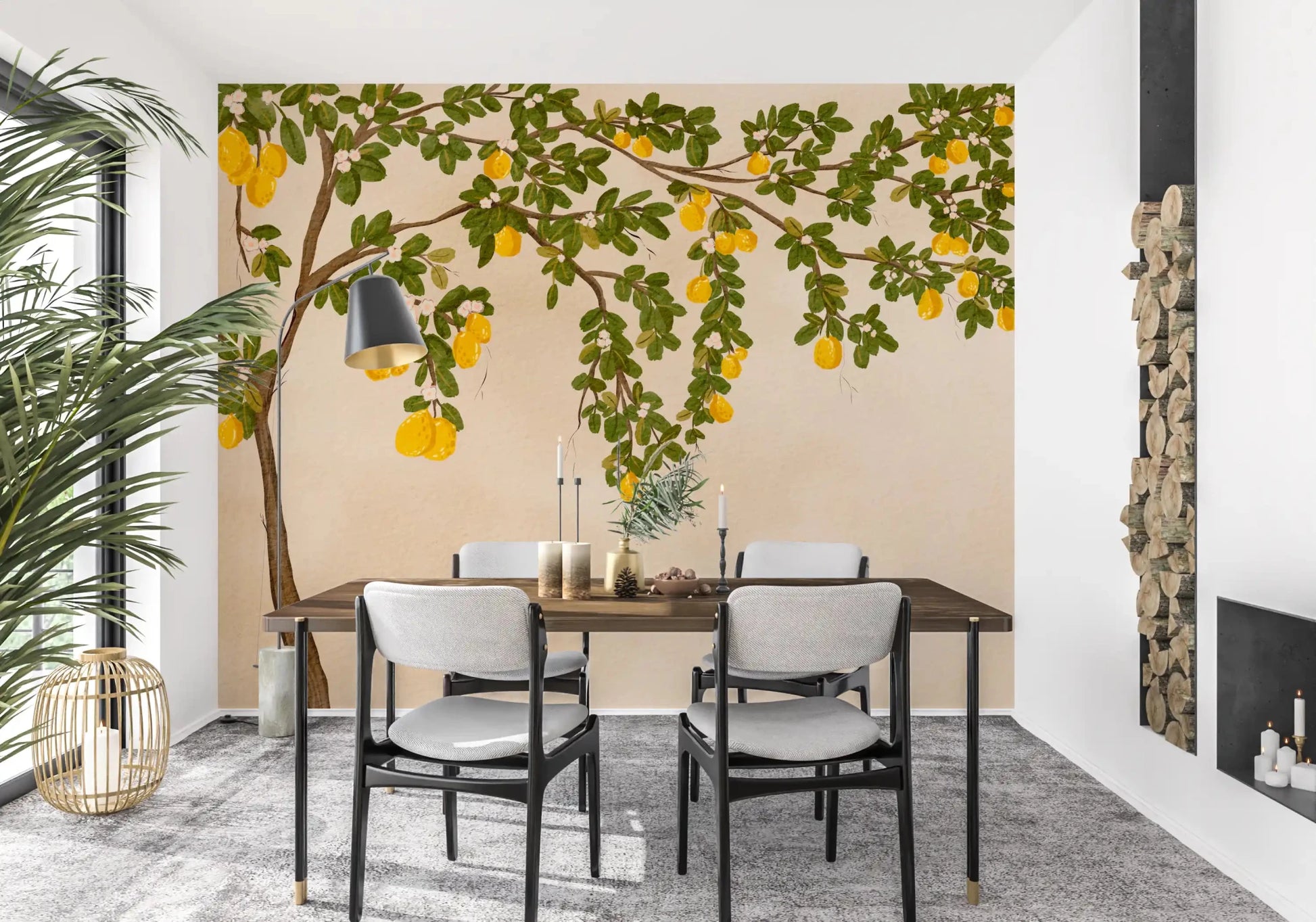 Bright yellow lemons hanging from branches on a neutral wall mural.
