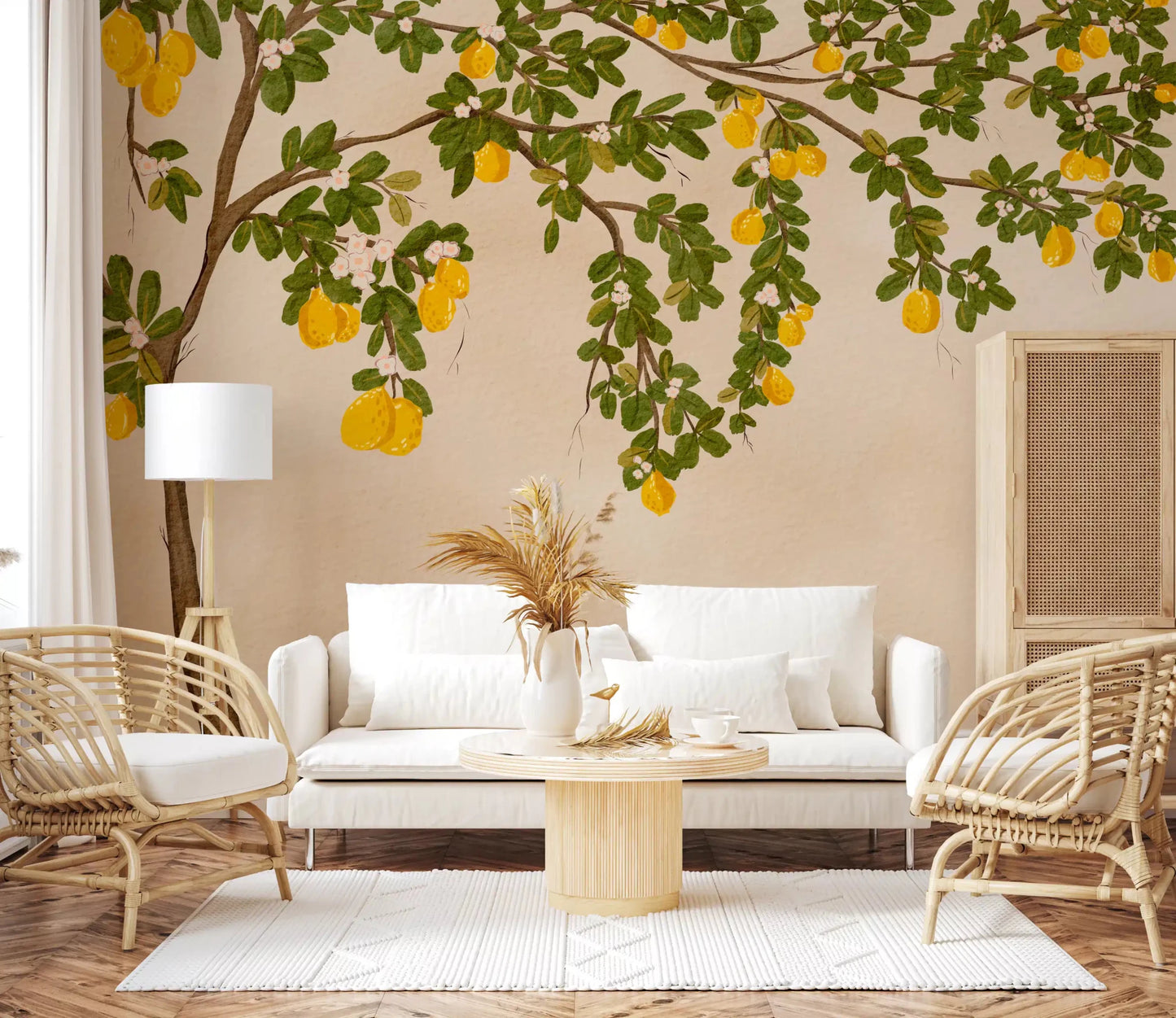 Mediterranean lemon tree branches on a cream-colored wallpaper.