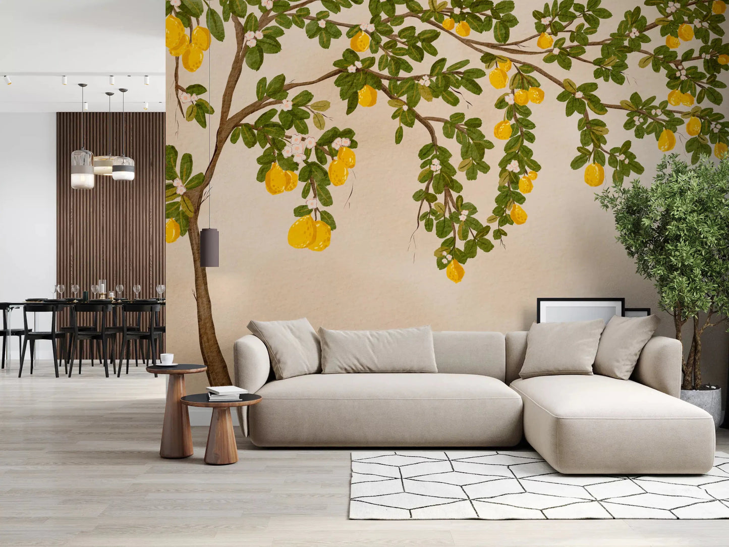 Lemon Grove Bloom Wall Mural for a fresh botanical stylish living room.