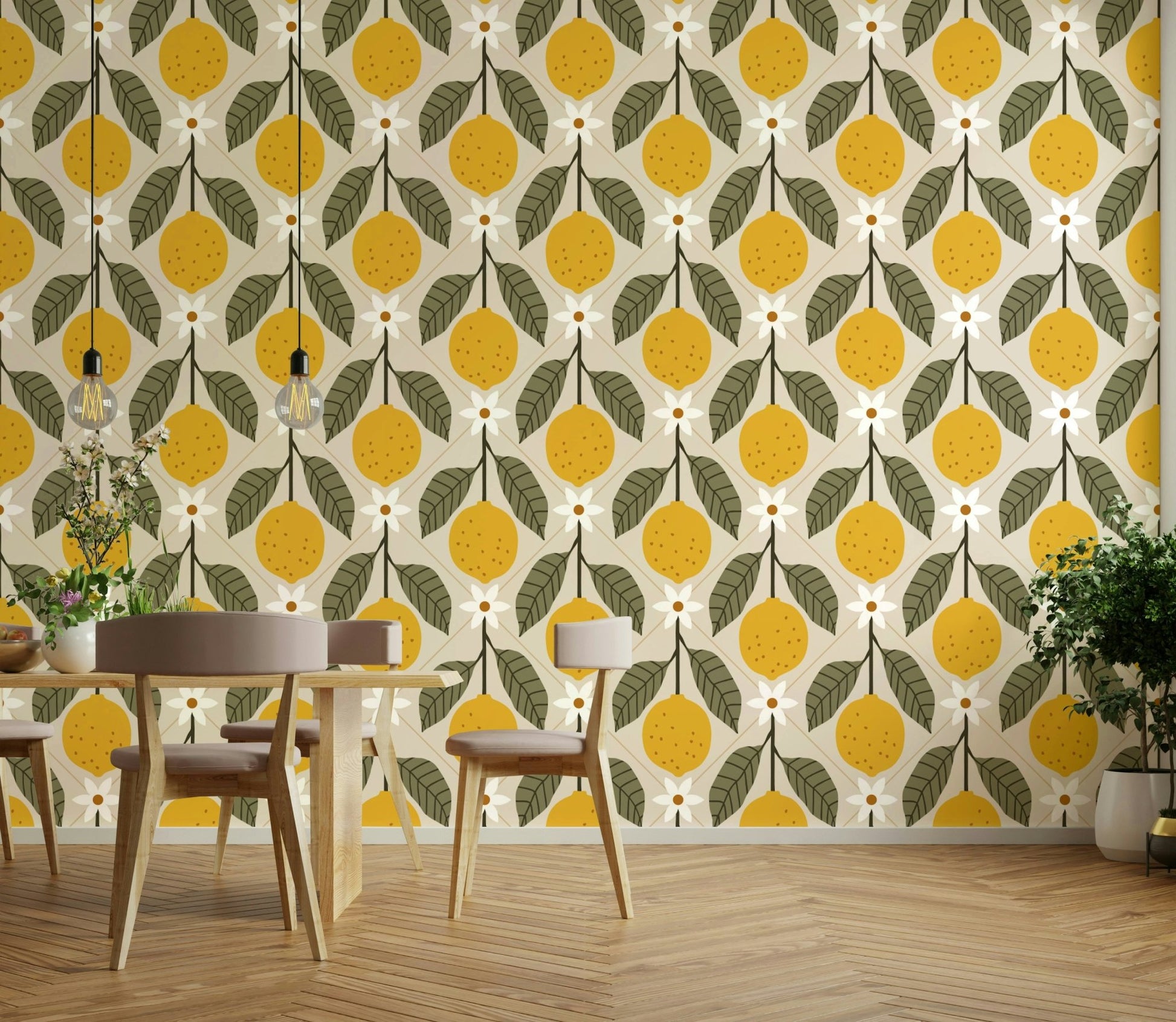 Lemon Grove faux tile wallpaper with yellow accents

