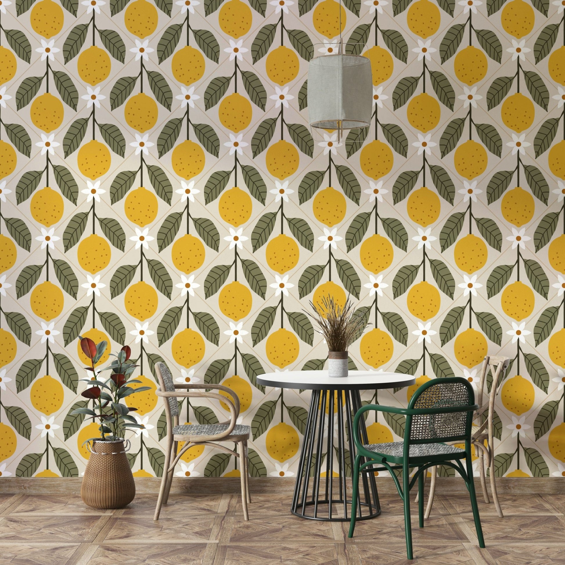 Vibrant lemon grove faux tile wallpaper for fresh decor

