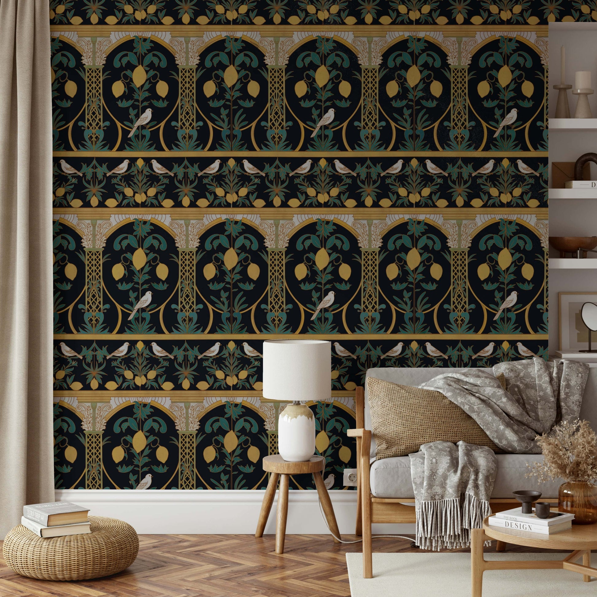 An artistic elegant lemon mural on minimalist wallpaper.

