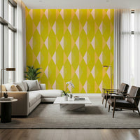 Yellow geometric wall mural enhances chic living room