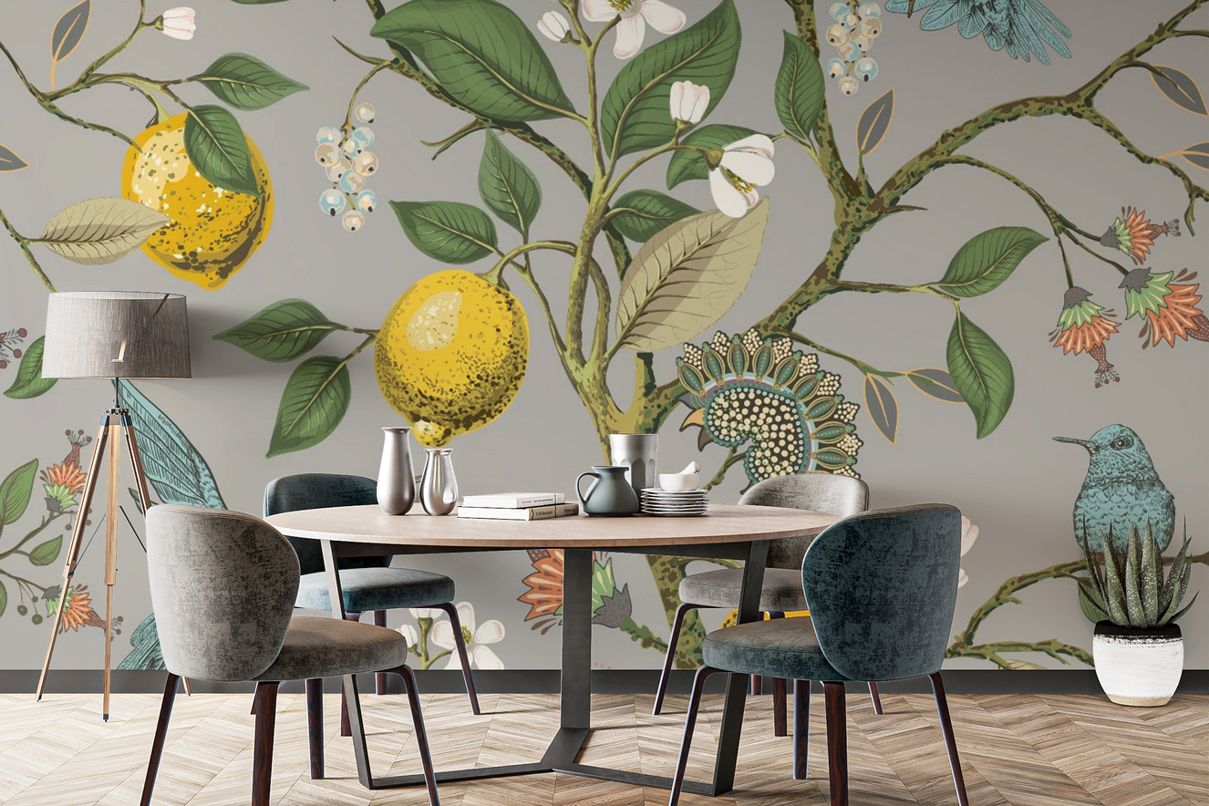 Scenic lemon tree and birds wallpaper mural
