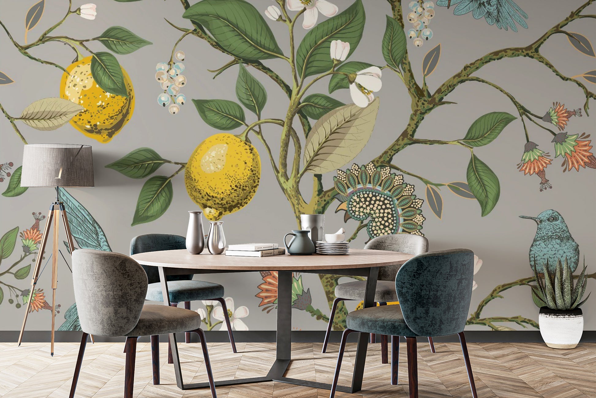 Scenic lemon tree and birds wallpaper mural