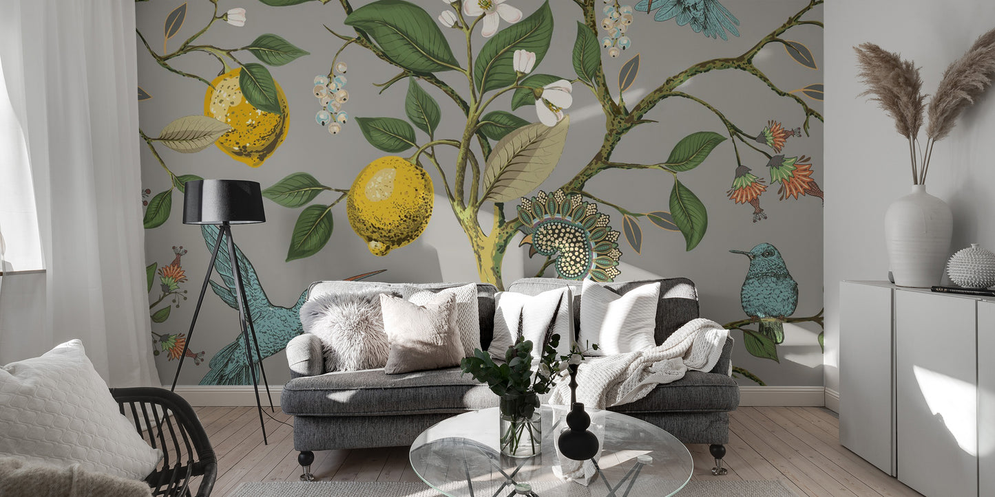 Elegant lemon tree & birds wallpaper mural
