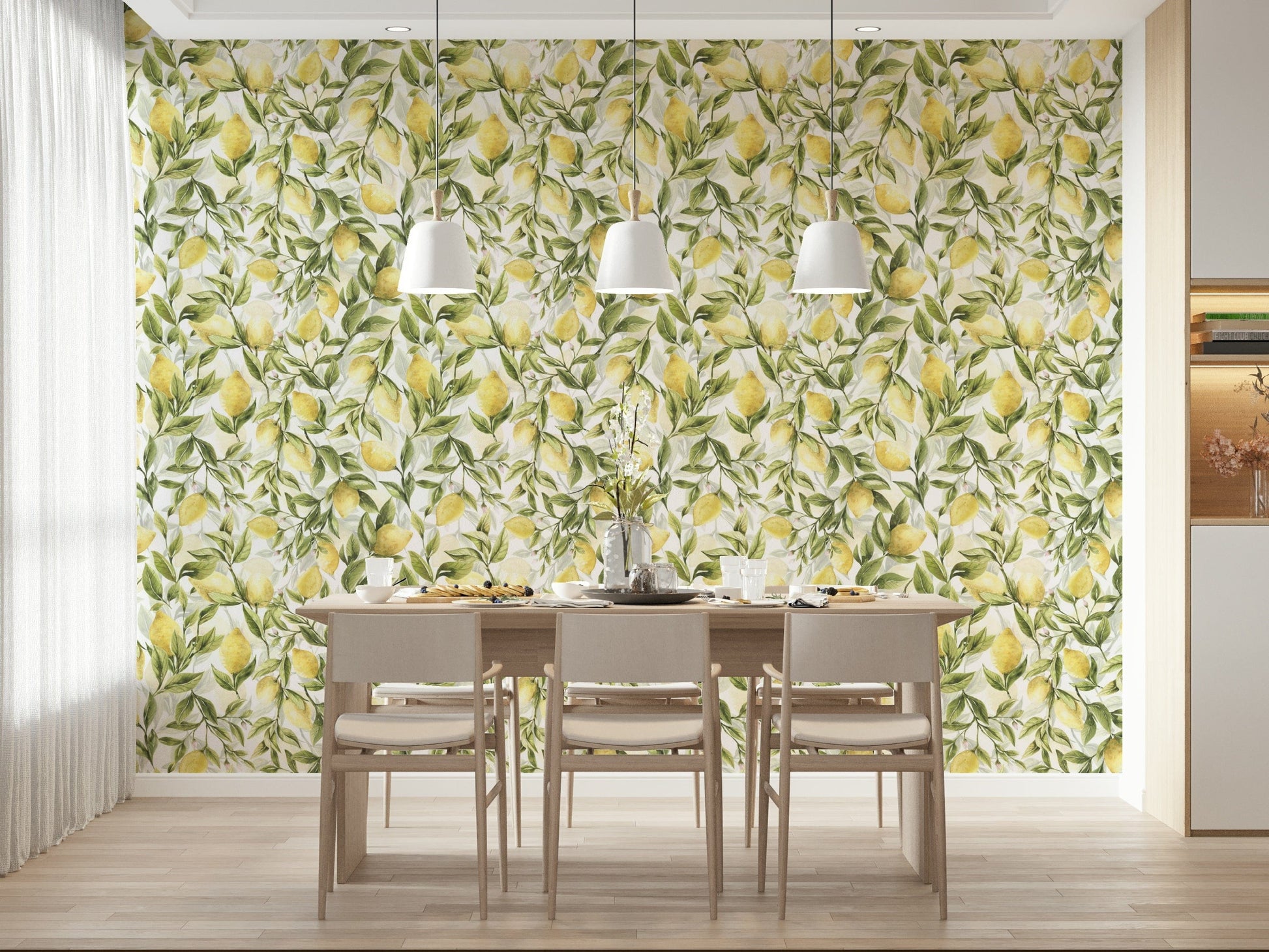 Bright mural Lemon Grove Dreams yellow fruit design nature.