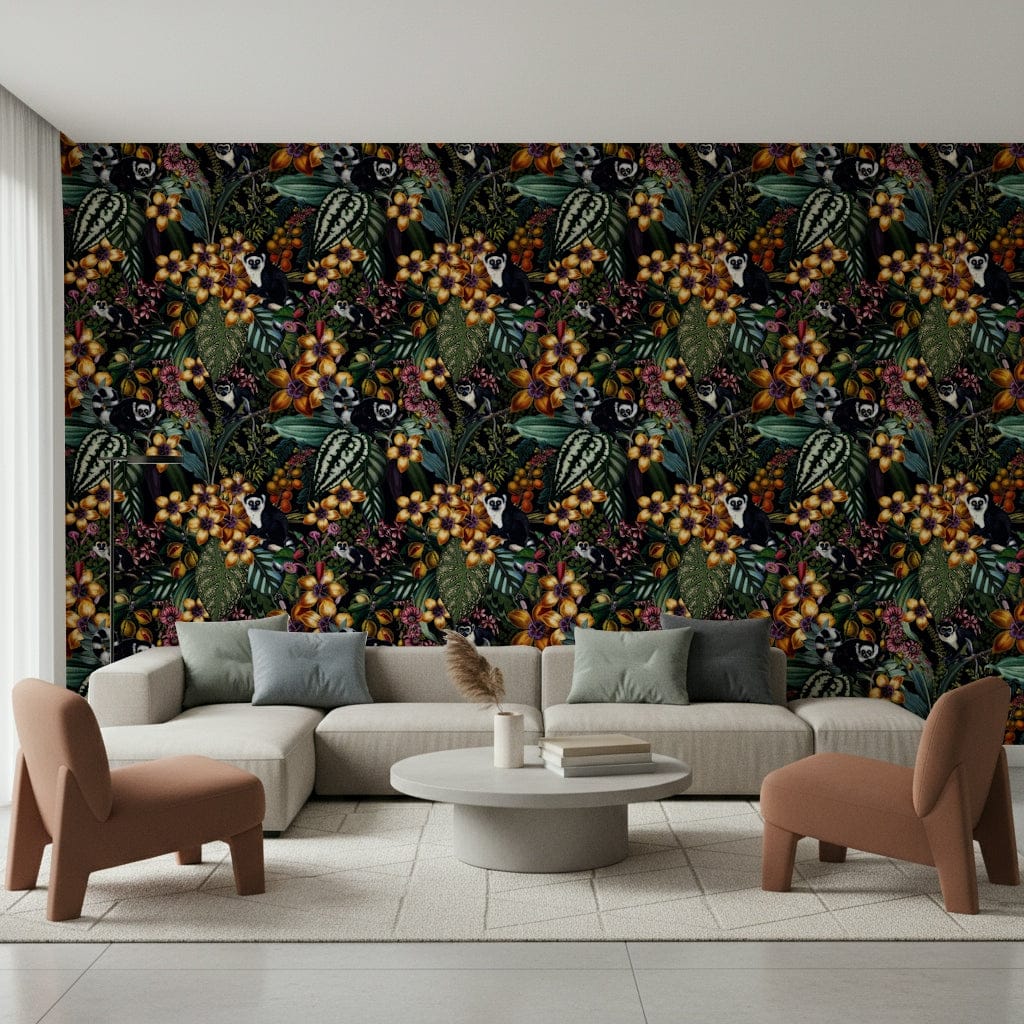 Lemur's Secret Garden wallpaper behind a cream sectional and two terracotta chairs in a living room