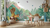 Tropical jungle with leopards and giraffe art
