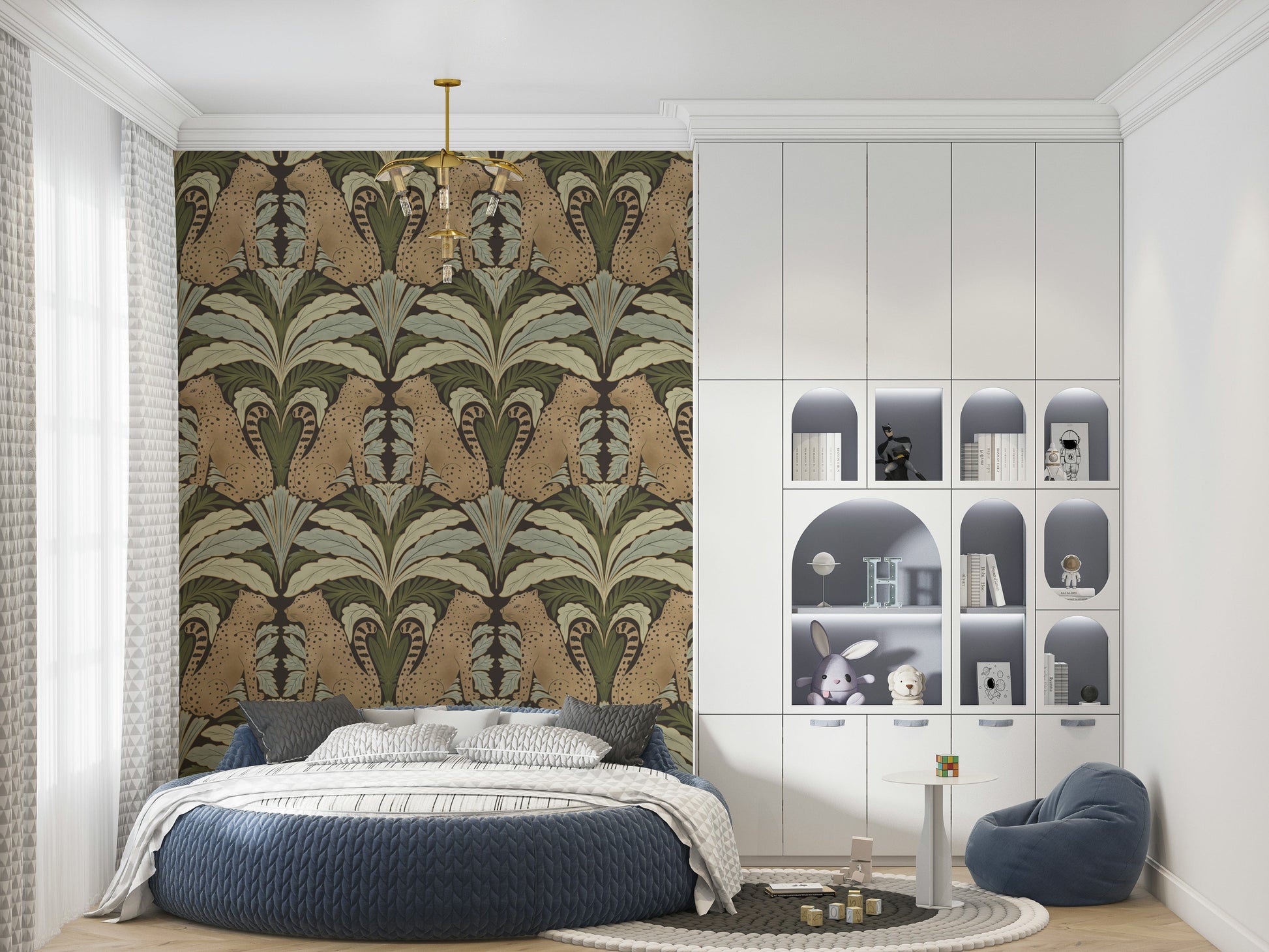 Leopard and leaves wall mural on bedroom headboard wall, modern apartment styling