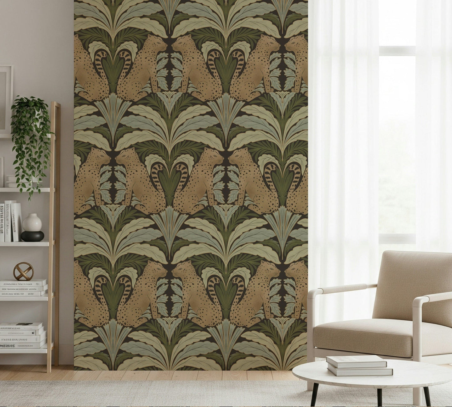 Green botanical symmetry wallpaper for reading nook, leopard detail and modern decor