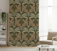 Green botanical symmetry wallpaper for reading nook, leopard detail and modern decor
