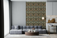 Botanical symmetry mural with leopard motif in bedroom, soft green and beige tones