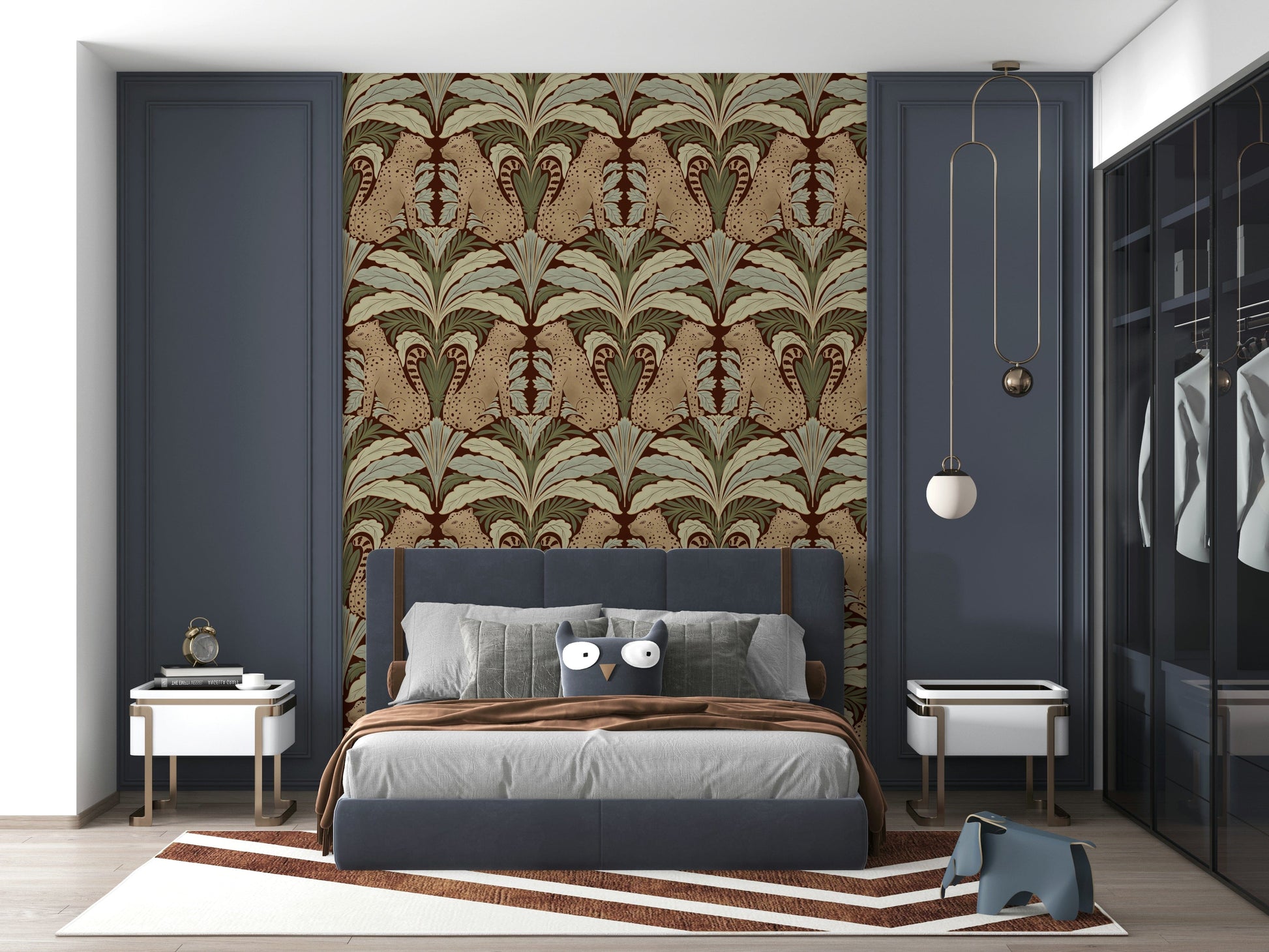 Leopard’s Eden wallpaper on bedroom feature wall, leafy pattern with soft color