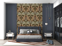 Leopard’s Eden wallpaper on bedroom feature wall, leafy pattern with soft color