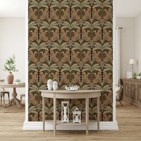 Botanical sanctuary wallpaper in reading nook, modern wall decor with leopards