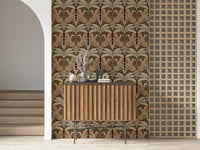 Tropical foliage and leopard wall mural in home office, modern wall decor