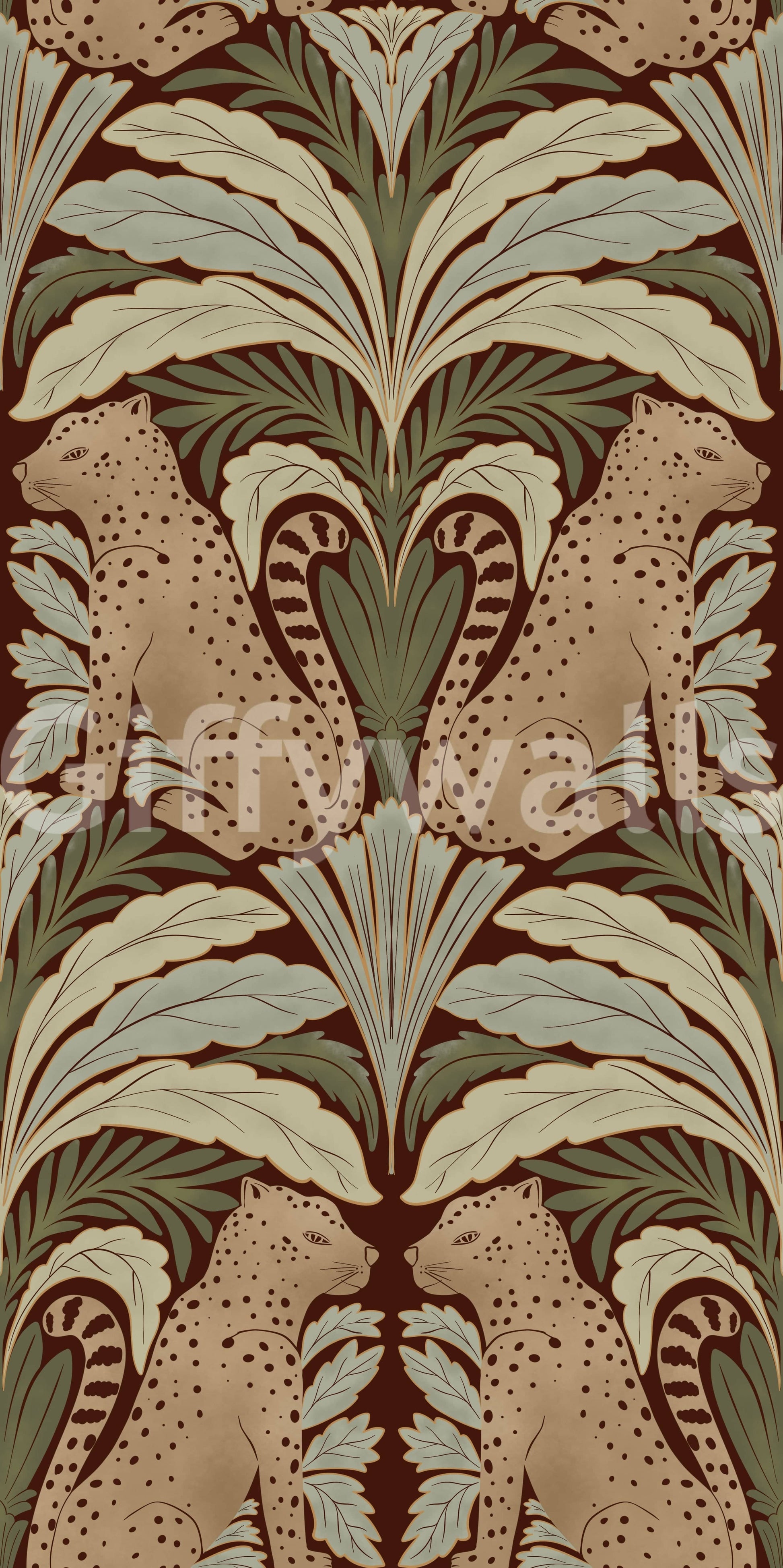 Leafy leopard wallpaper on staircase wall, modern apartment interior decor