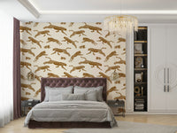 An angled shot of a wall with elegant animal print wallpaper

