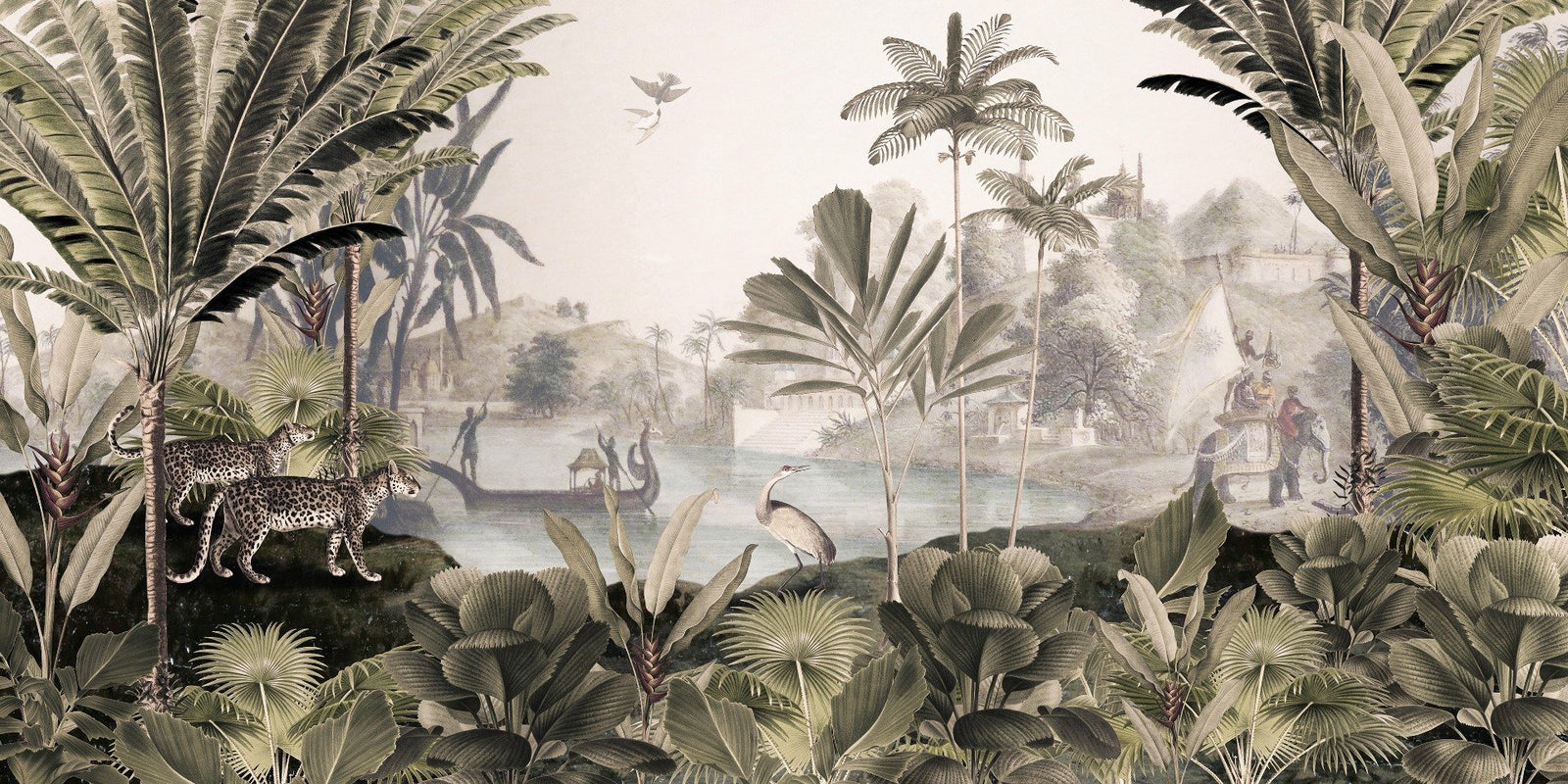 セピア色のジャングル壁紙の壁画を備えたヒョウの風景
