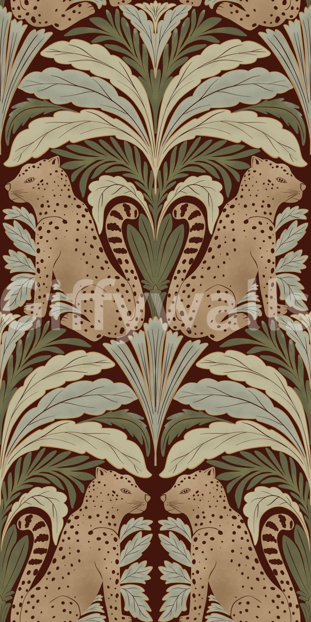 Leafy leopard wallpaper on staircase wall, modern apartment interior decor