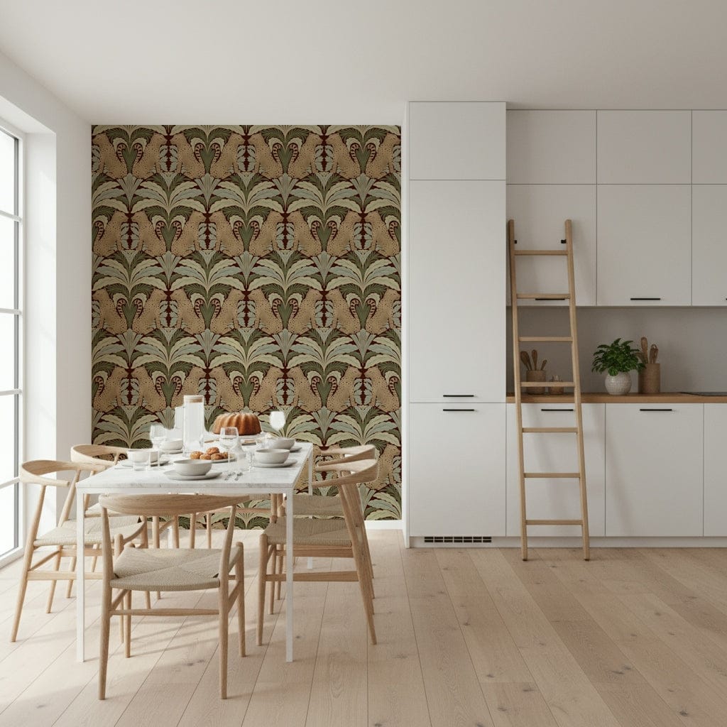 Leopard and botanicals wallpaper in modern living room, green color wall decor