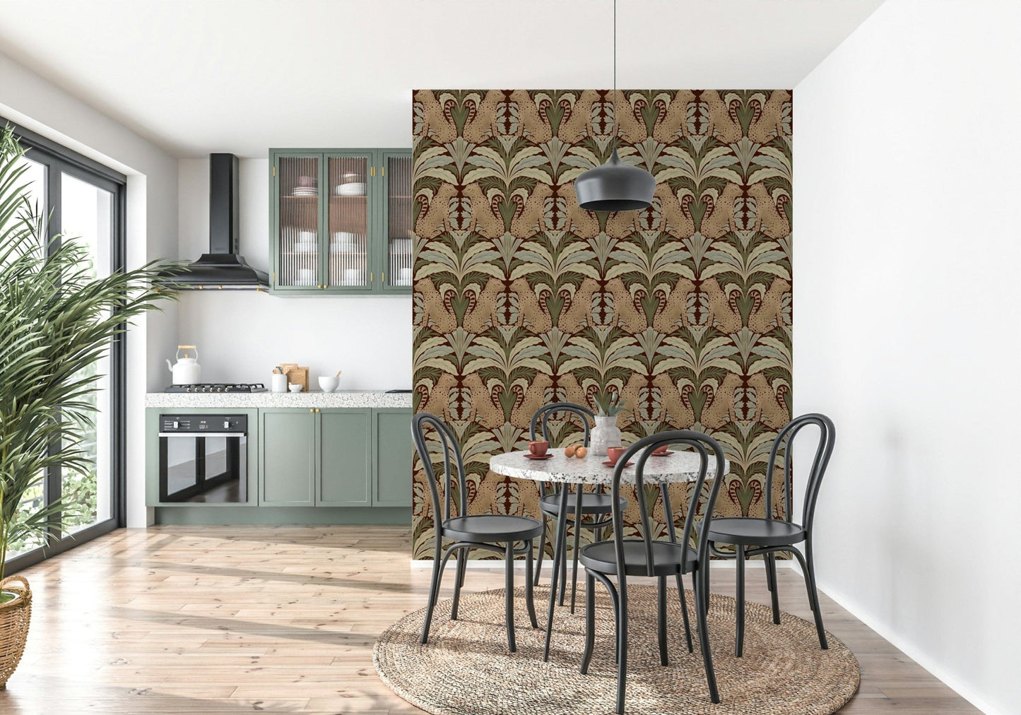 Leopard and palm leaves wall mural in entryway, modern color décor backdrop