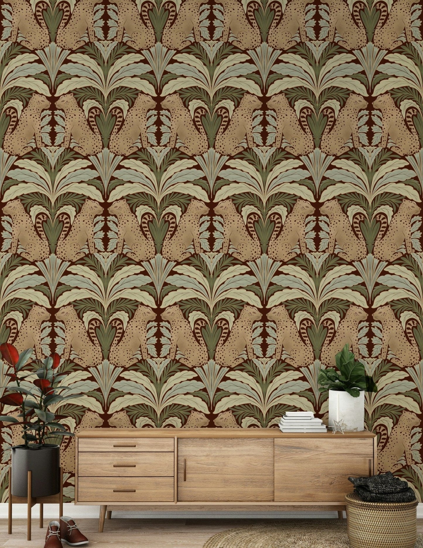 Neutral botanical leopard wallpaper in hallway, modern apartment wall decor