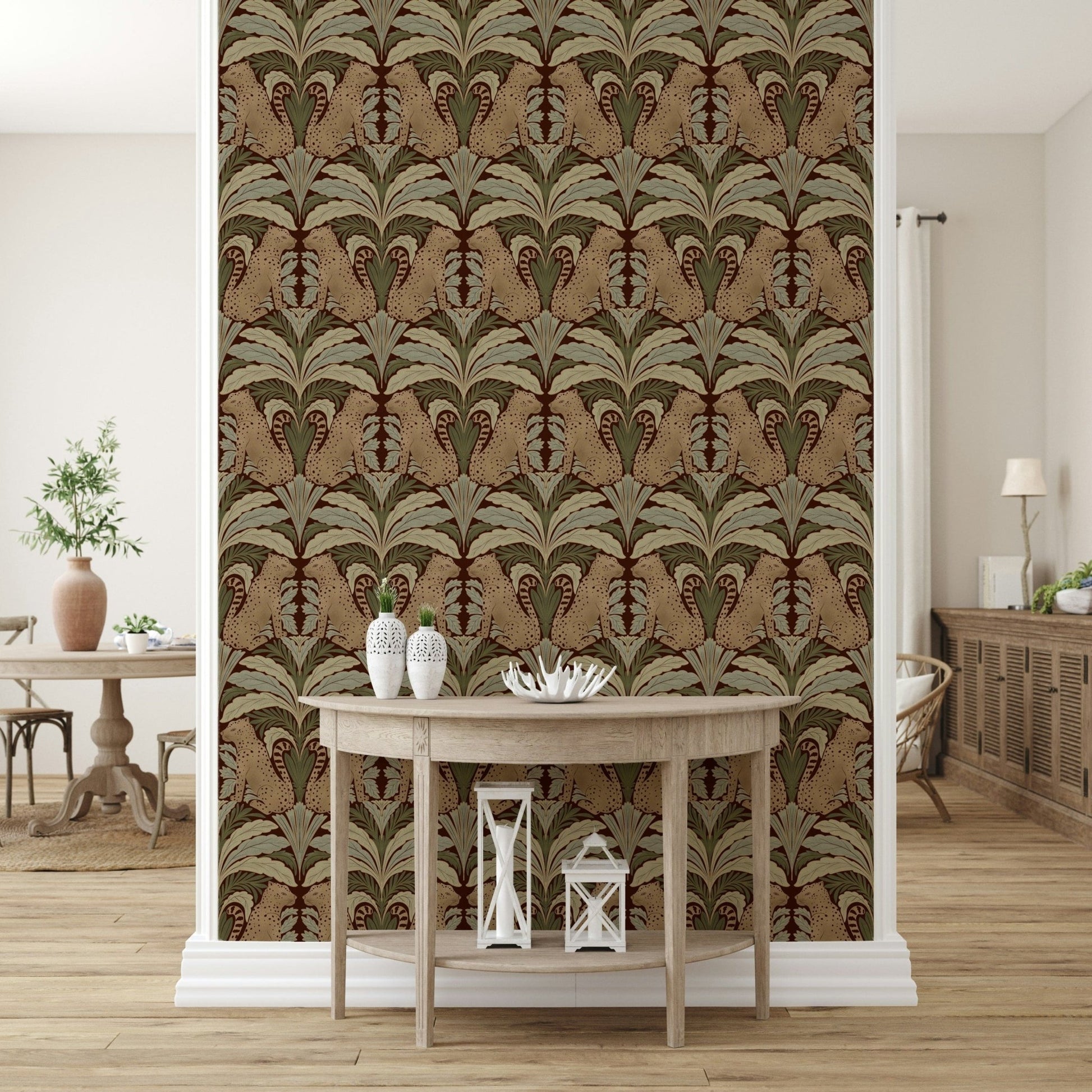 Botanical sanctuary wallpaper in reading nook, modern wall decor with leopards