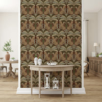 Botanical sanctuary wallpaper in reading nook, modern wall decor with leopards