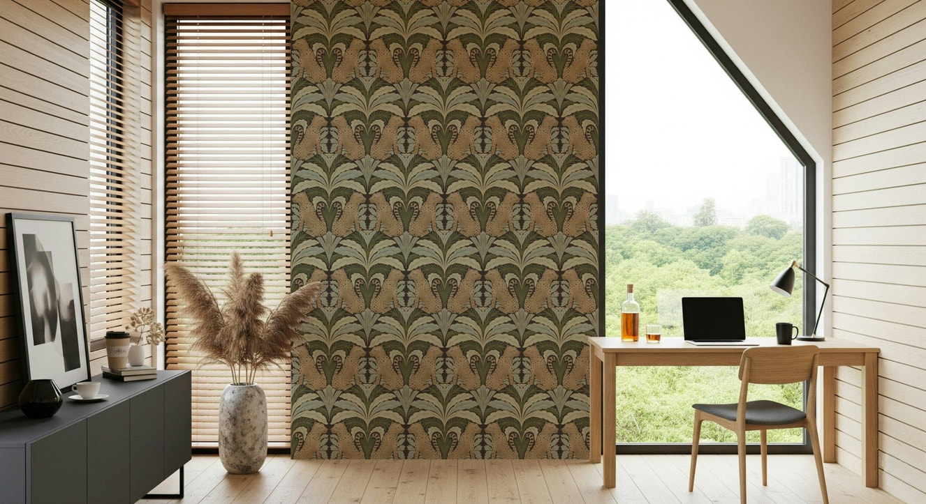 Leopard and botanical symmetry wallpaper on living room feature wall, modern decor