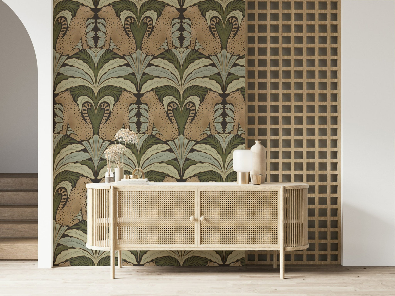 Botanical symmetry print wallpaper in nursery, calm colour palette and clean layout