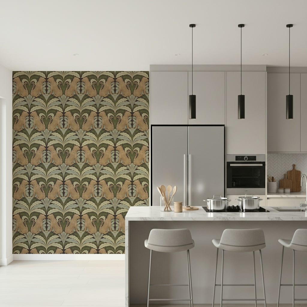 Leopard’s Lair wallpaper in home office, balanced leaf pattern behind desk