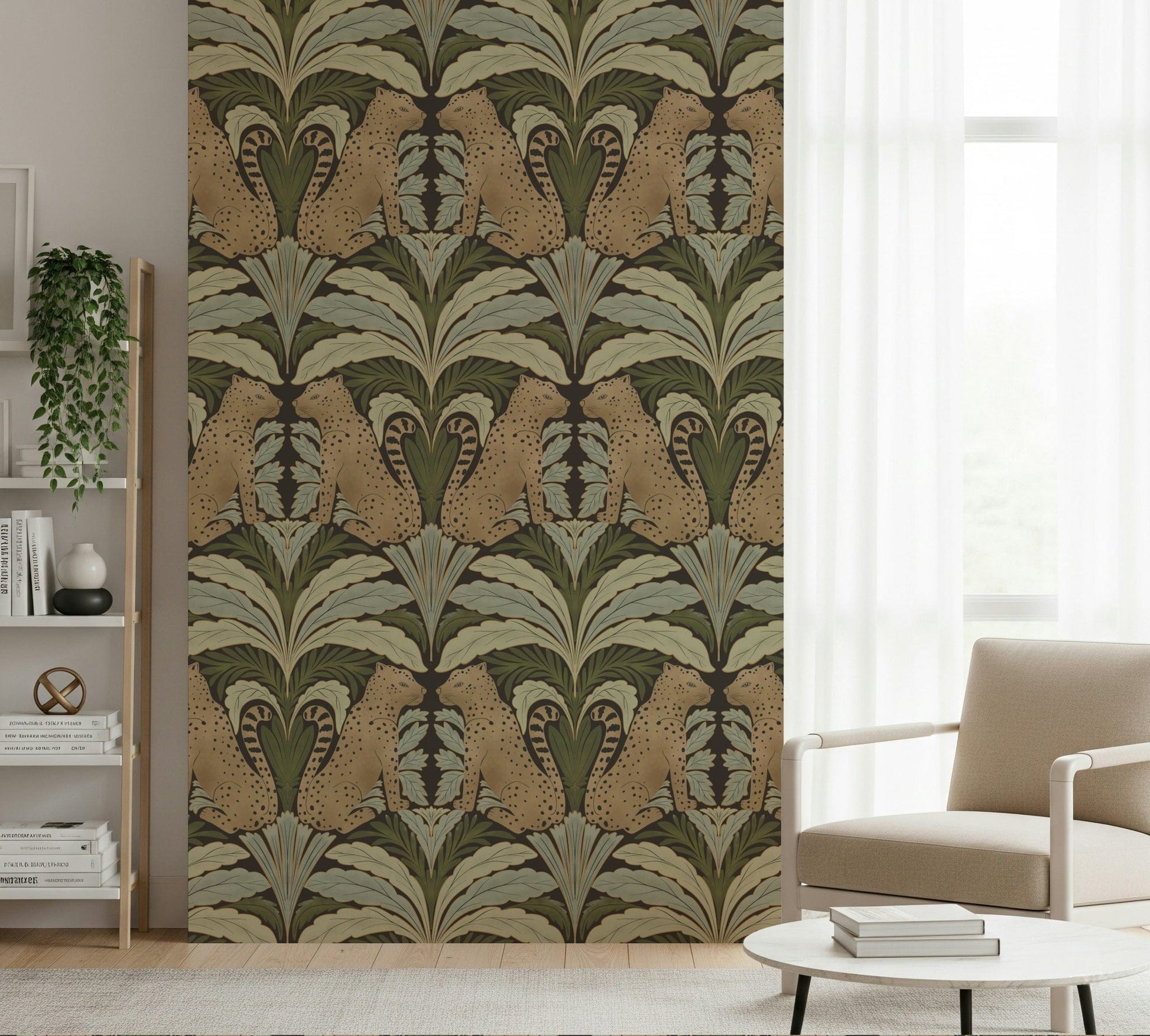 Green botanical symmetry wallpaper for reading nook, leopard detail and modern decor