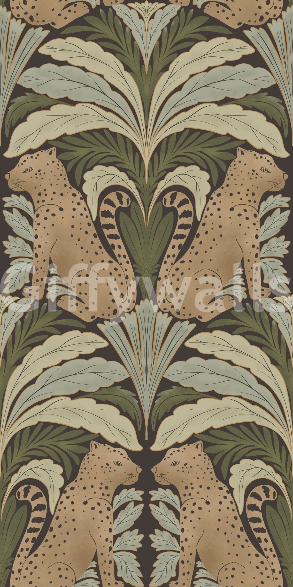 Symmetry botanical wallpaper in studio apartment living area, subtle leopard focal