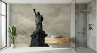 Black and white Liberty portrait wallpaper in home office, clean desk setup, modern interior