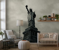 Greyscale Statue of Liberty mural in bedroom, neutral bedding, contemporary wall decor