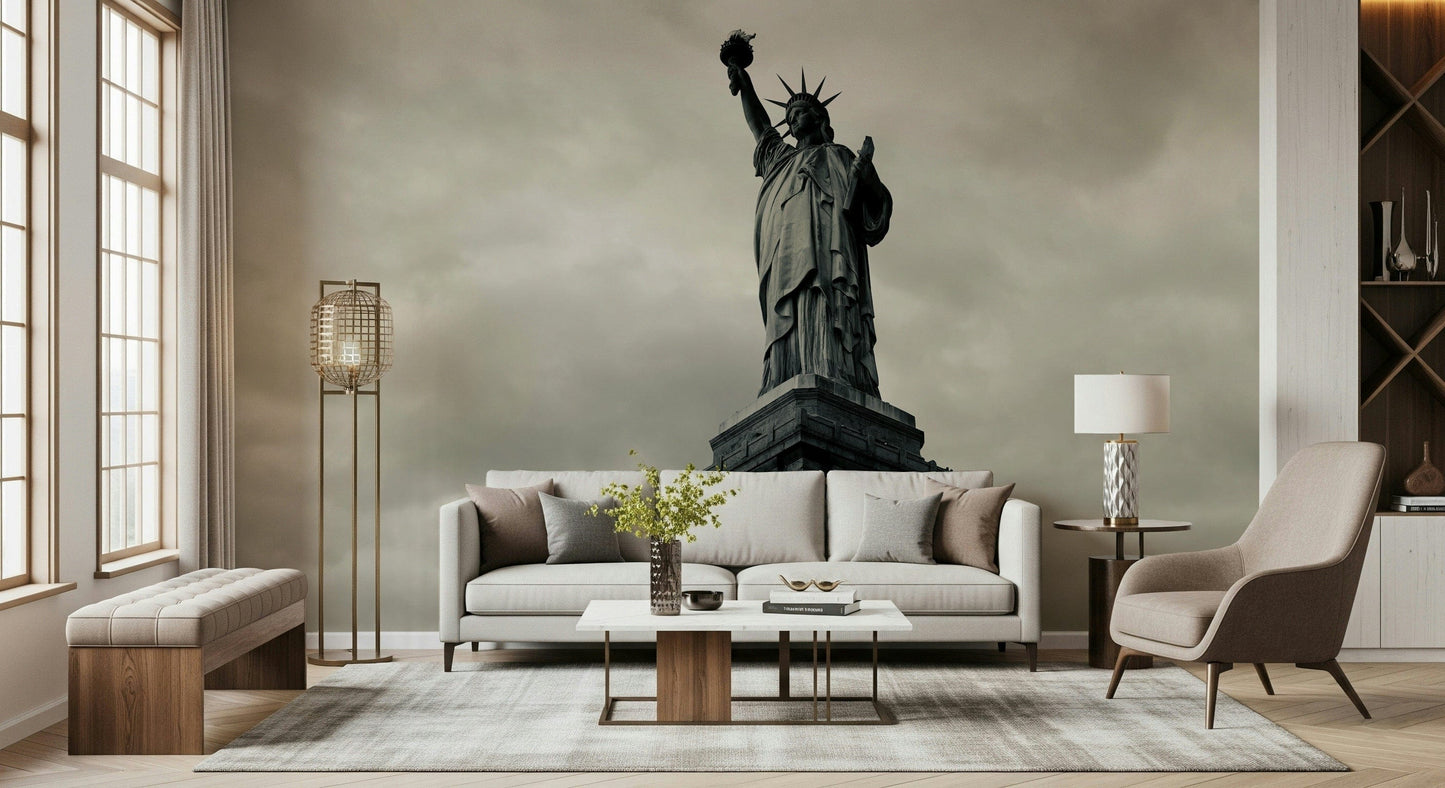 Liberty's Monochrome Gaze Wall Mural behind sofa, minimalist apartment wall decor, urban style
