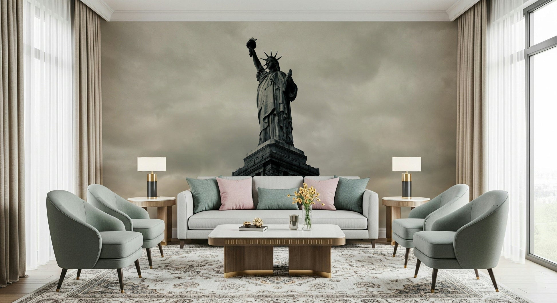 Urban monochrome mural in hallway, Statue of Liberty artwork, modern apartment decor