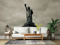 Black-grey Liberty portrait wallpaper in media room, modern seating, neutral color scheme