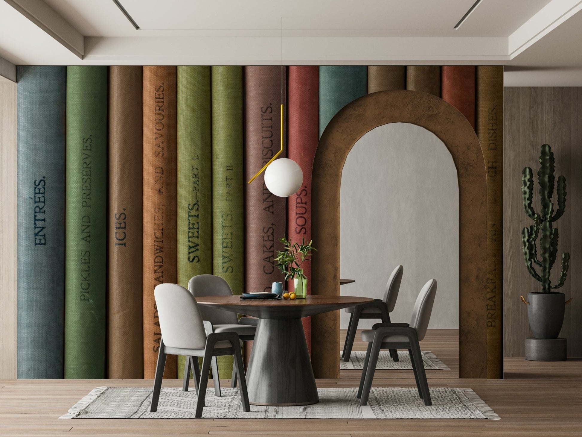 Library-inspired wall mural with a collection of vintage book spines.

