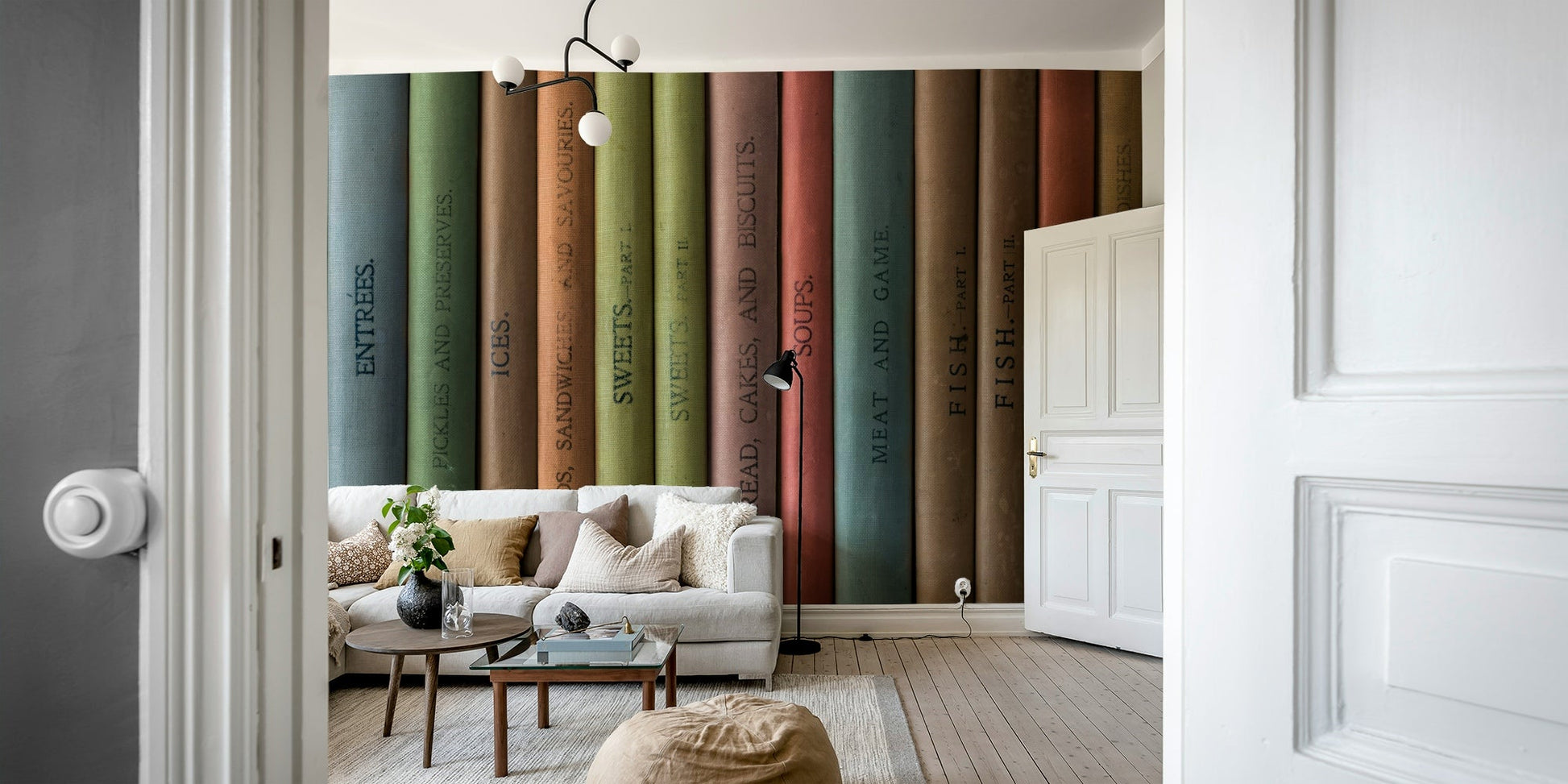 Literary-themed wall mural with colorful vintage book spines.


