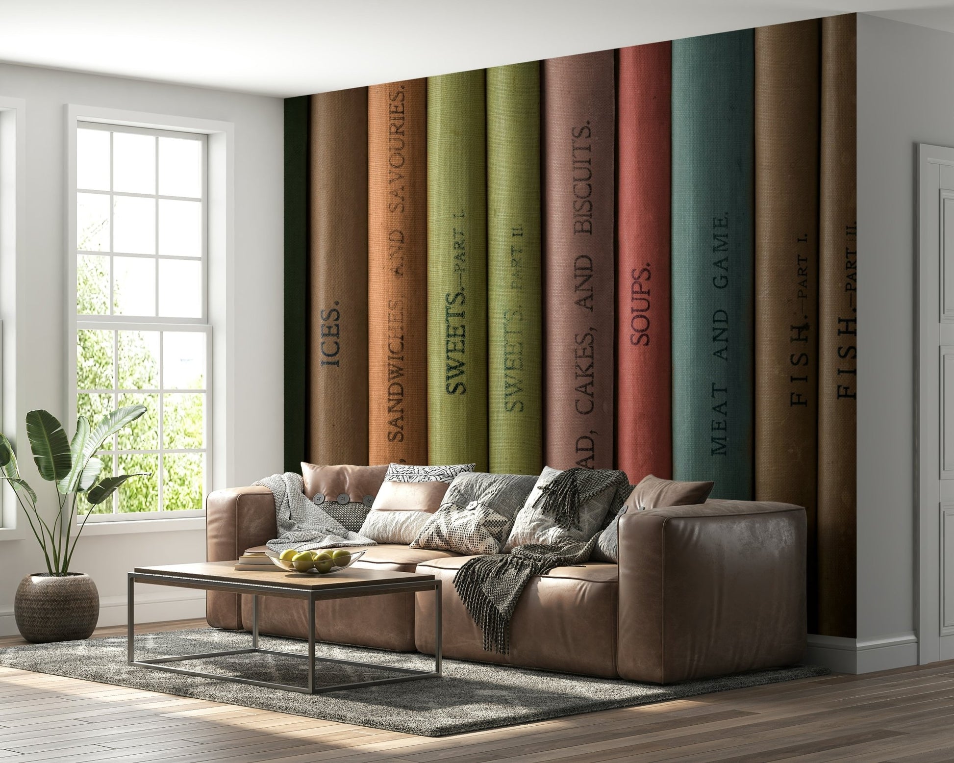Timeless vintage book spine mural bringing intellectual charm indoors.

