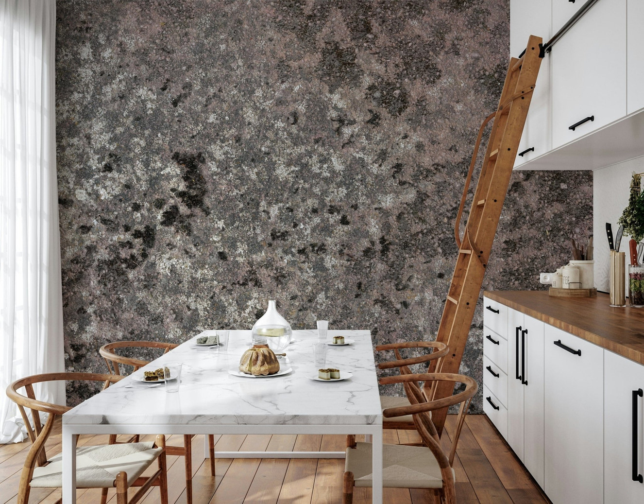 Wall mural featuring soft, layered lichen textures in muted greens and neutrals for calming décor.