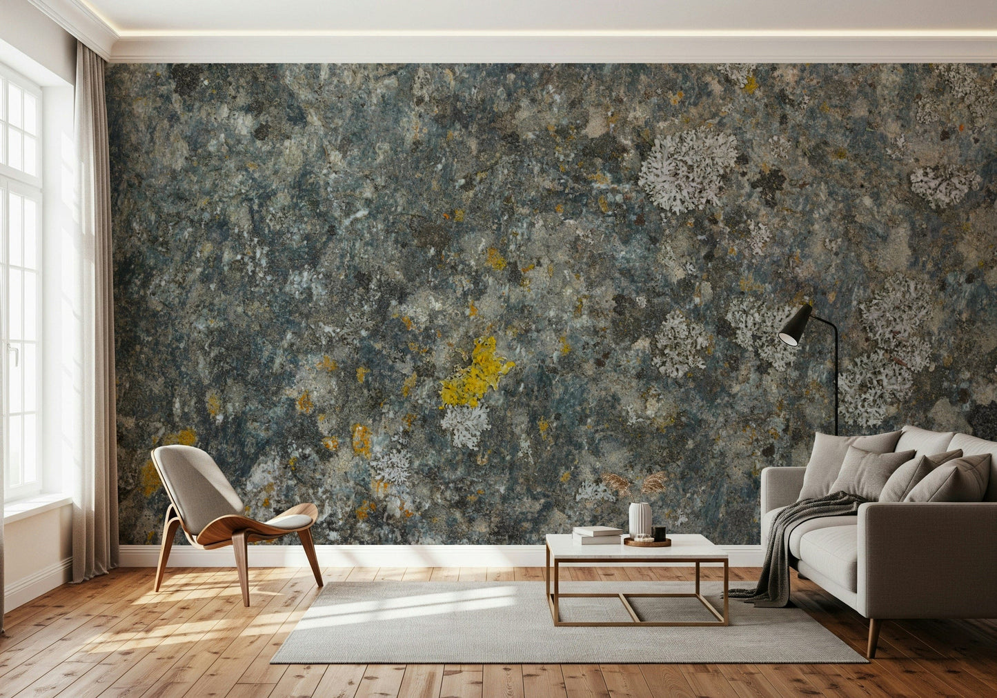 Lichen Rock Texture Wallpaper — rugged stone surfaces with organic green lichen highlights.