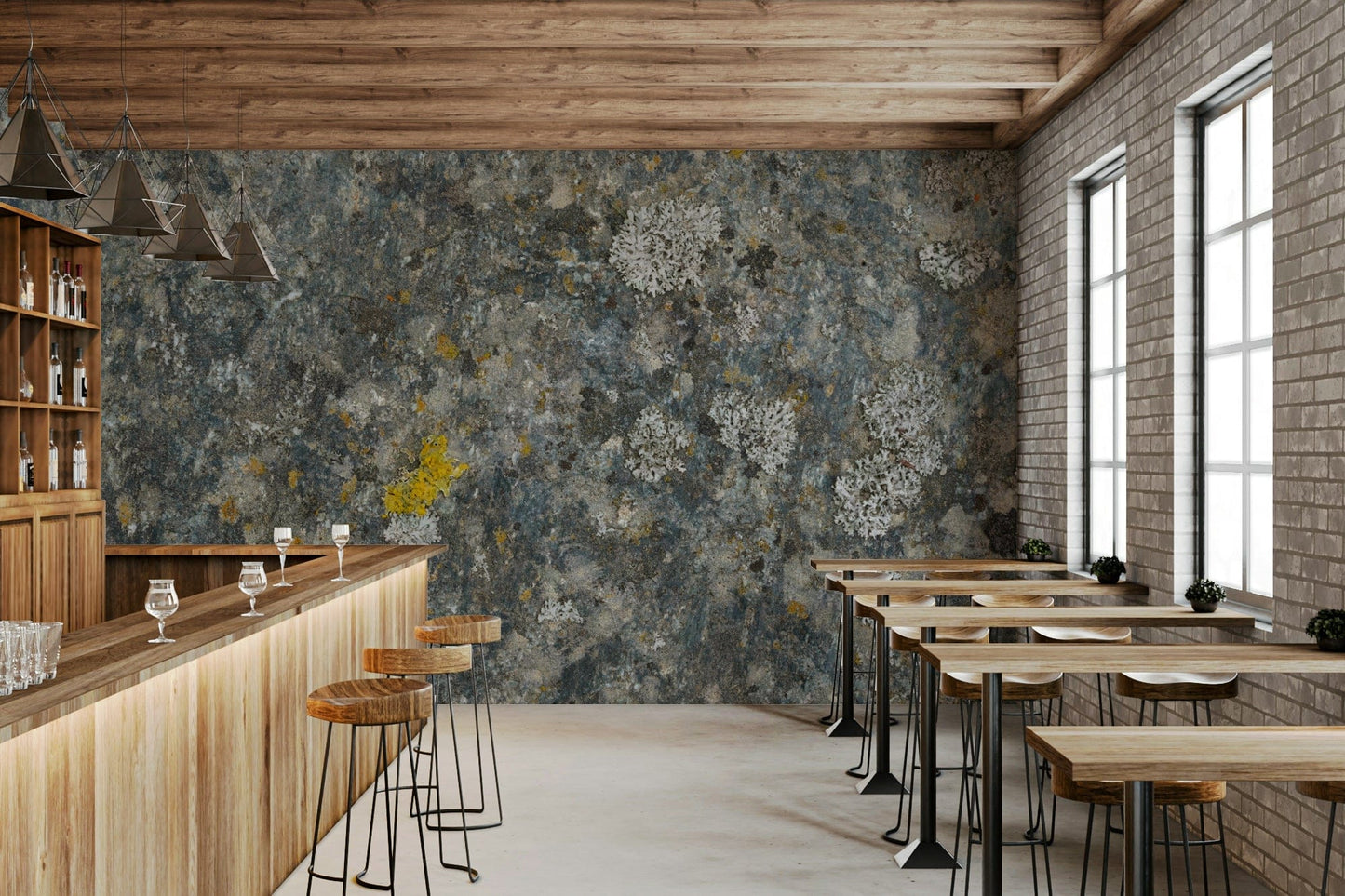 Decorative wall mural showcasing textured stone surfaces with green and gray lichen patterns.