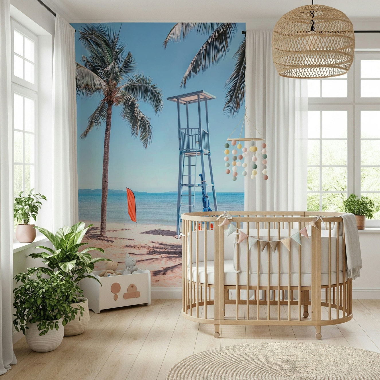 Lifeguard's View Wall Mural in living space, beach lookout scene feature wall styling