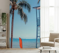 Lifeguard's View mural behind TV unit, tidy coastal horizon scene for lounge